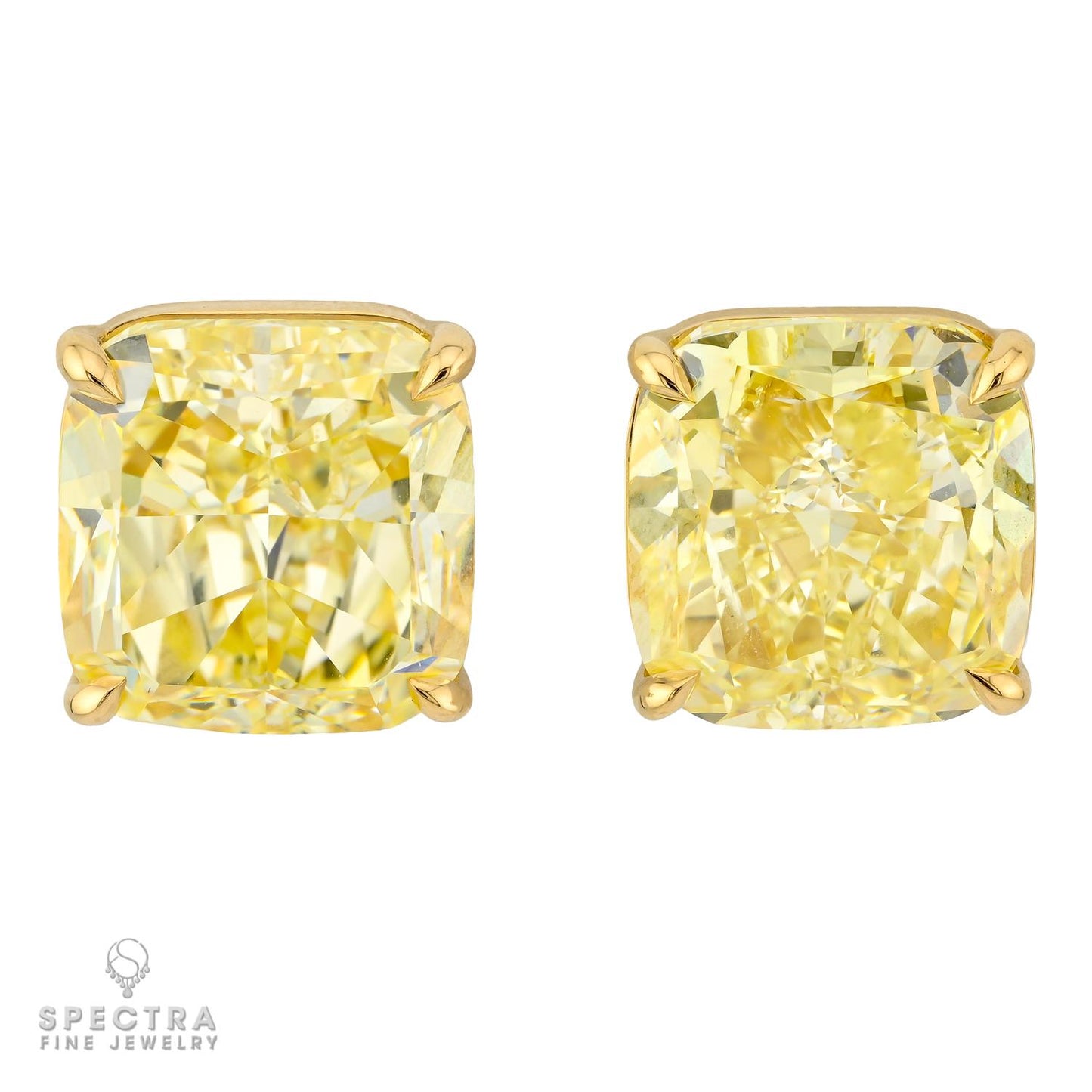 7.77 & 7.92 ct. Fancy Yellow Cushion Diamond Stud Earrings in 18k Gold | Spectra