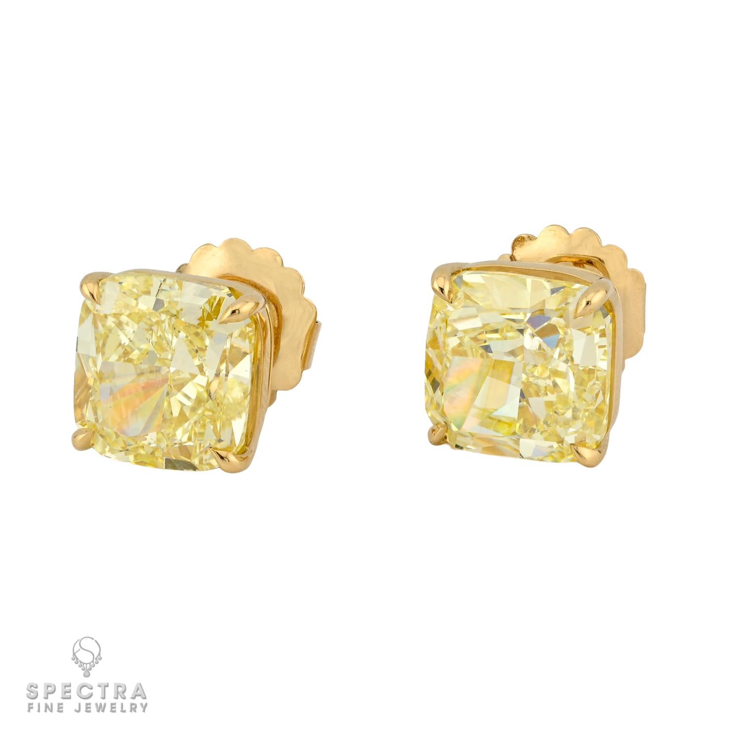 7.77 & 7.92 ct. Fancy Yellow Cushion Diamond Stud Earrings in 18k Gold | Spectra