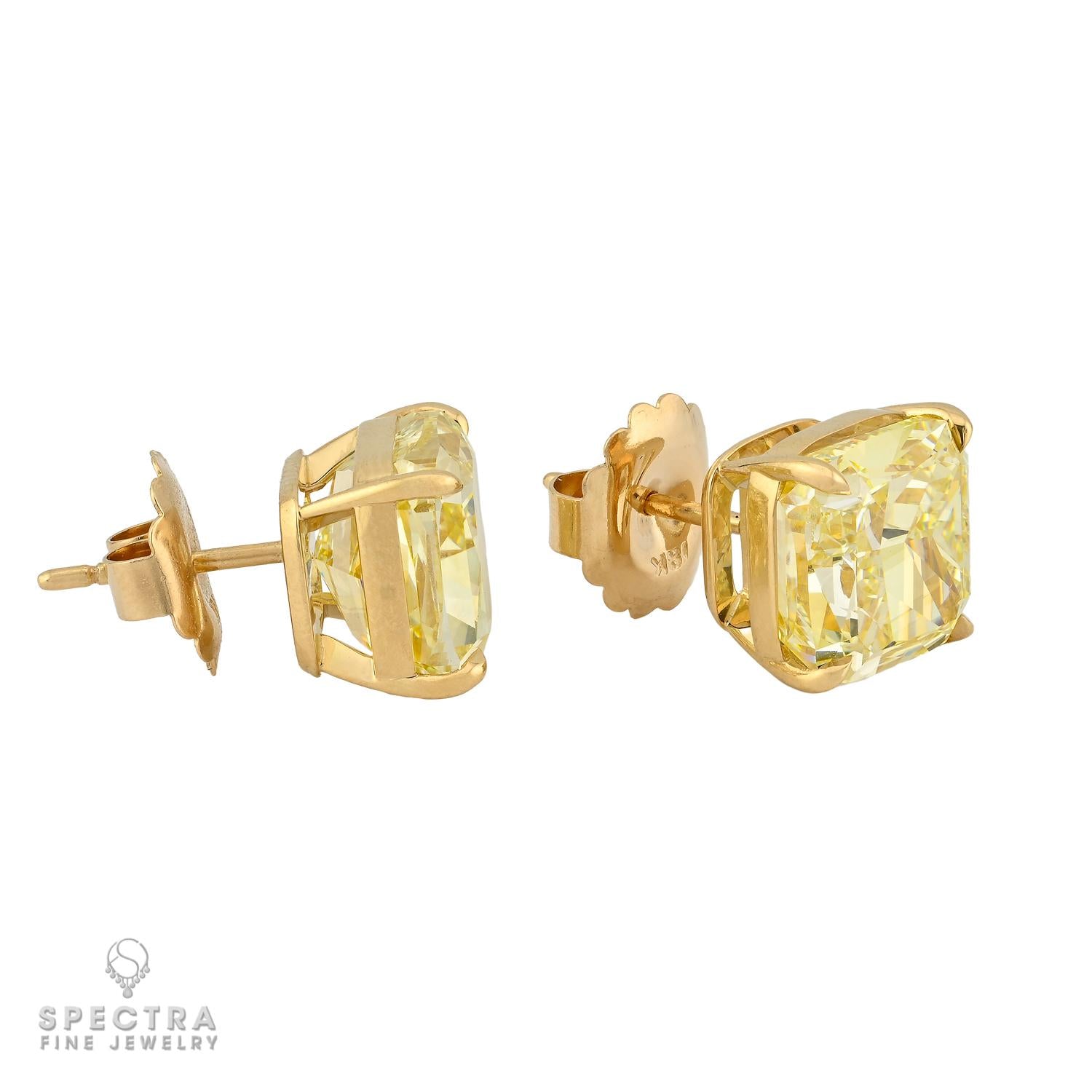 7.77 & 7.92 ct. Fancy Yellow Cushion Diamond Stud Earrings in 18k Gold | Spectra