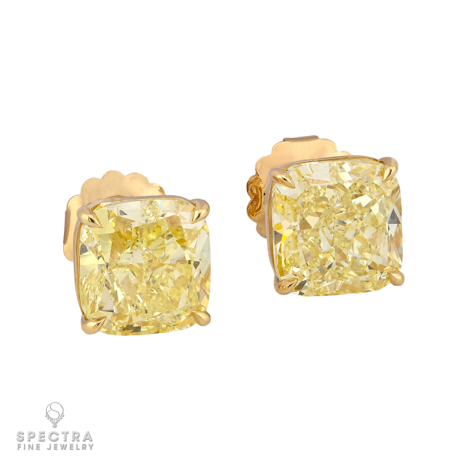7.77 & 7.92 ct. Fancy Yellow Cushion Diamond Stud Earrings in 18k Gold | Spectra