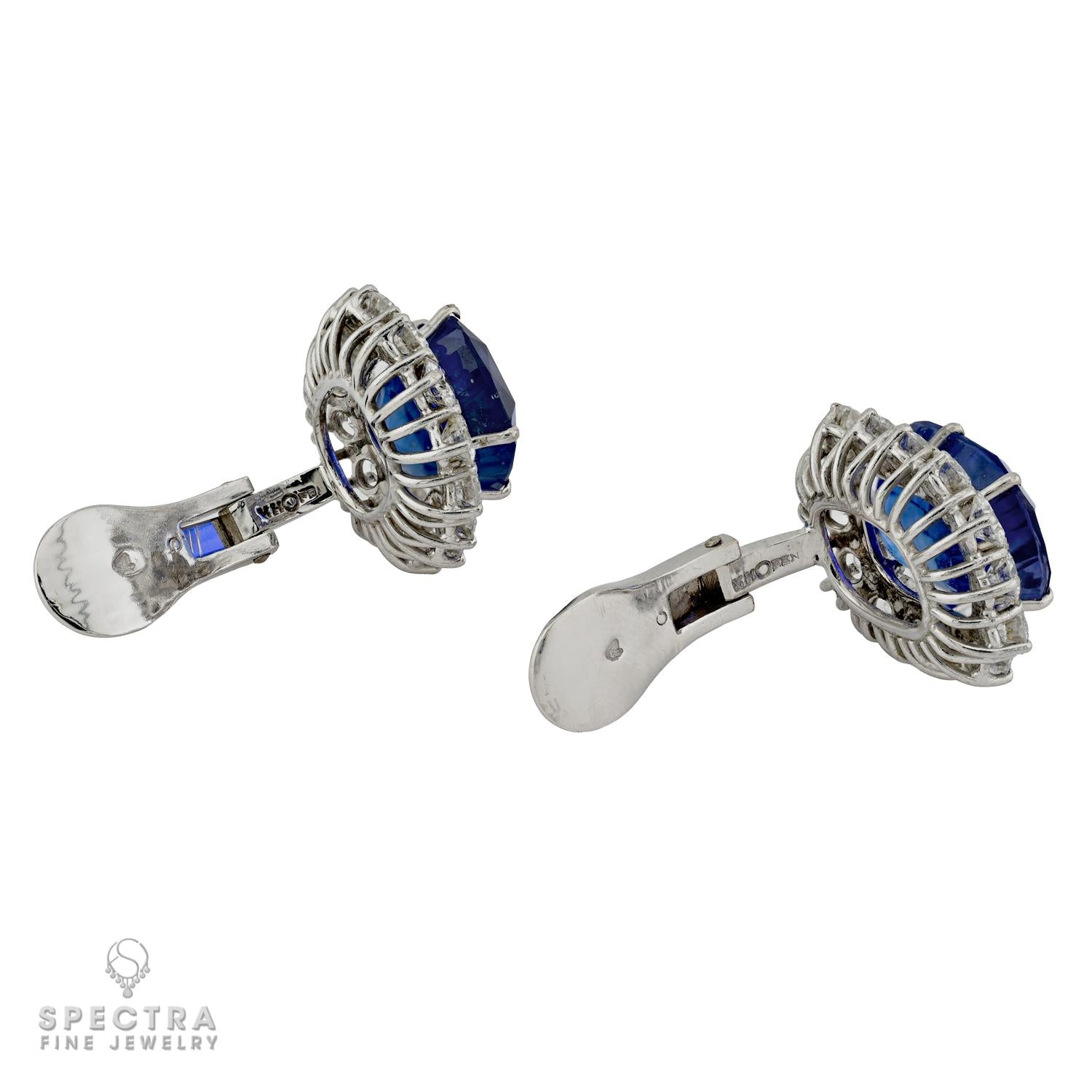 30.68ctw Ceylon No Heat Sapphire & Diamond Cluster Ear-Clips | SSEF