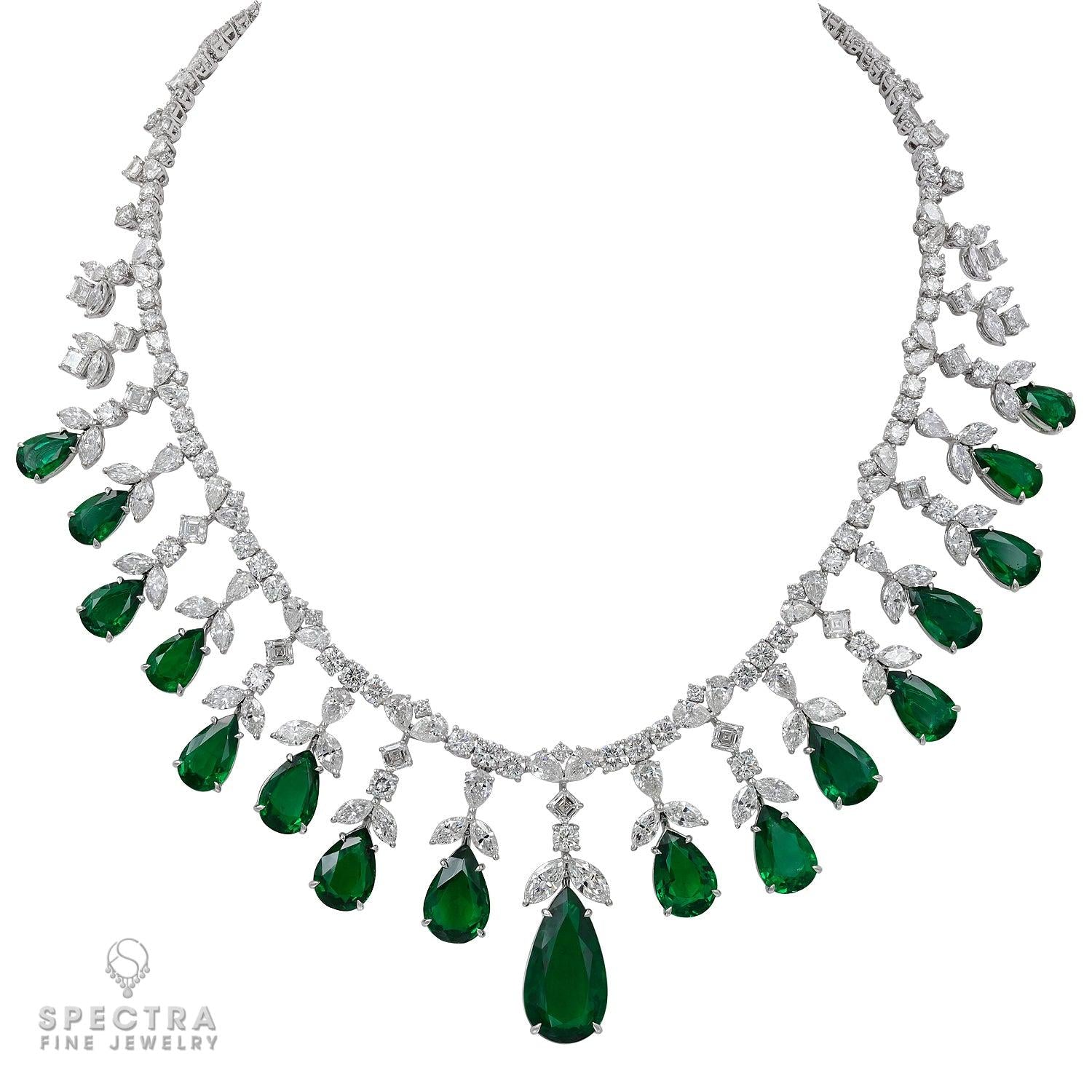 Exquisite 57 37ct Zambian Emerald And Diamond Fringe Necklace