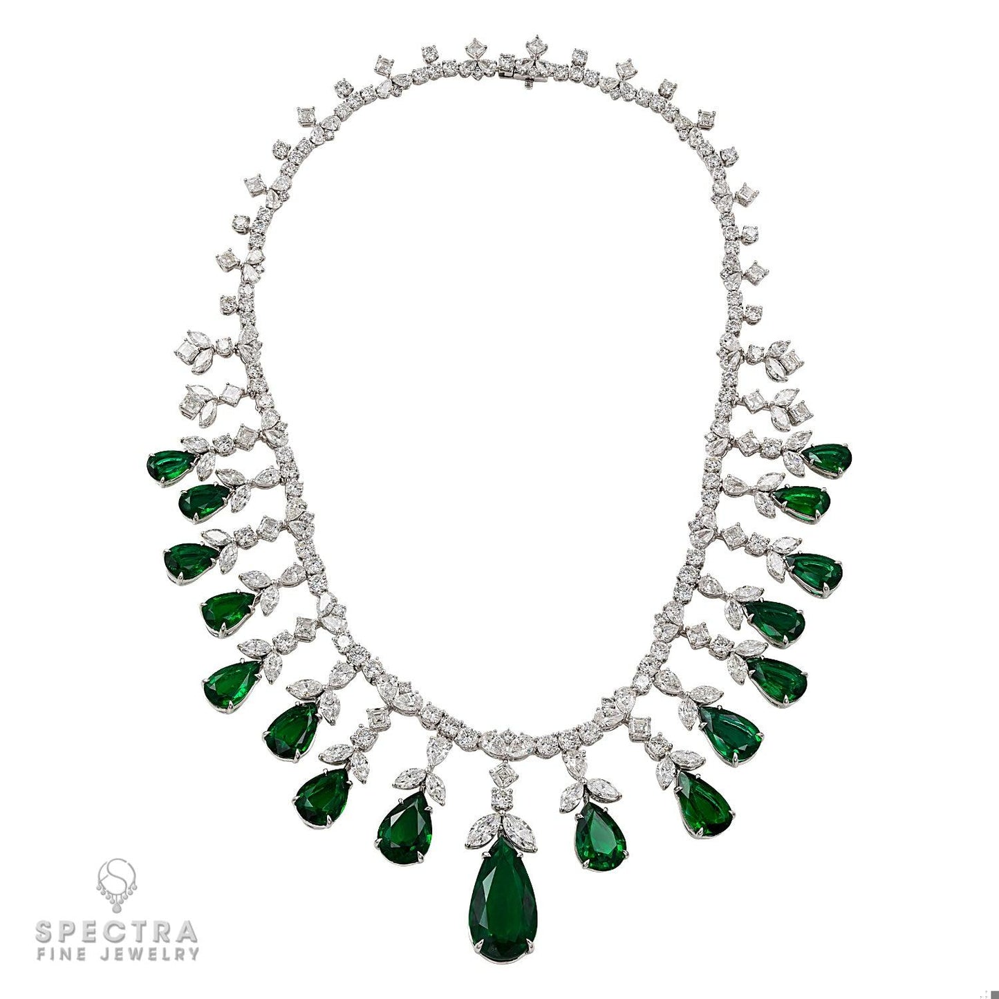 Exquisite 57.37ct Zambian Emerald and Diamond Fringe Necklace
