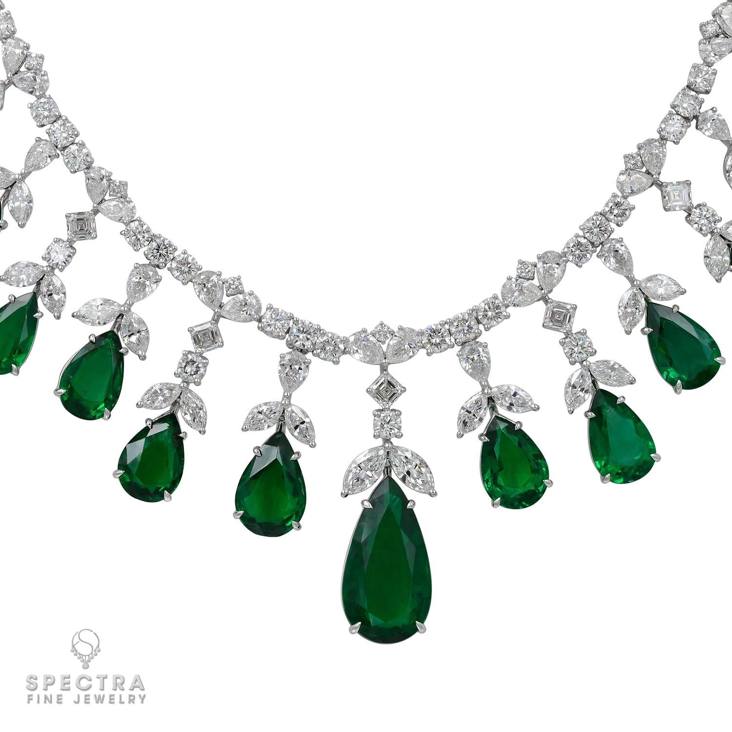 Exquisite 57.37ct Zambian Emerald and Diamond Fringe Necklace