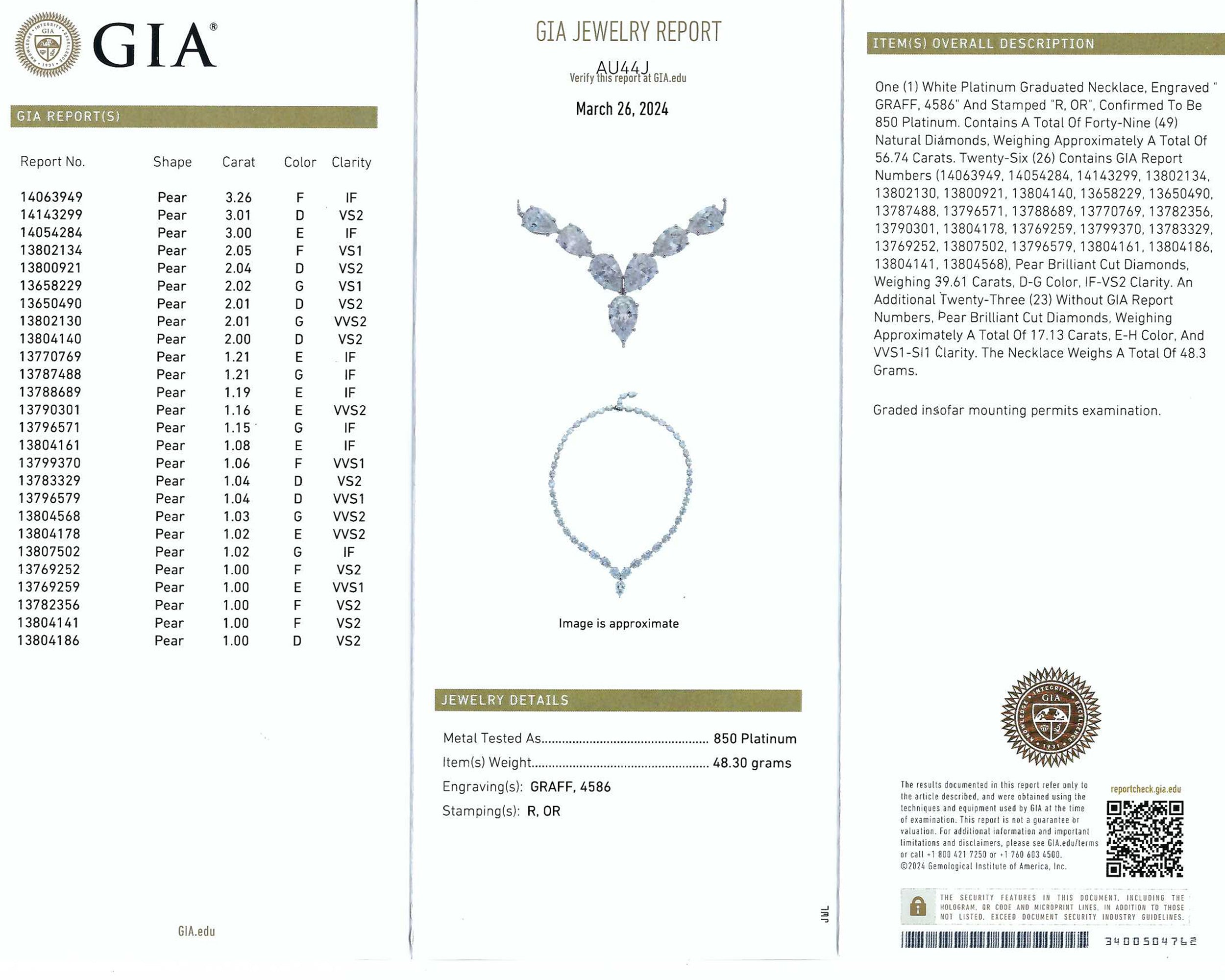 Signed Graff 59.16ct Pear Diamond Necklace in White Gold