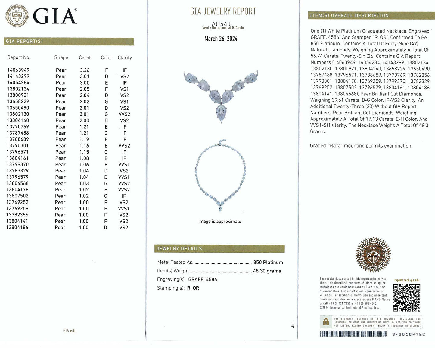 Signed Graff 59.16ct Pear Diamond Necklace in White Gold