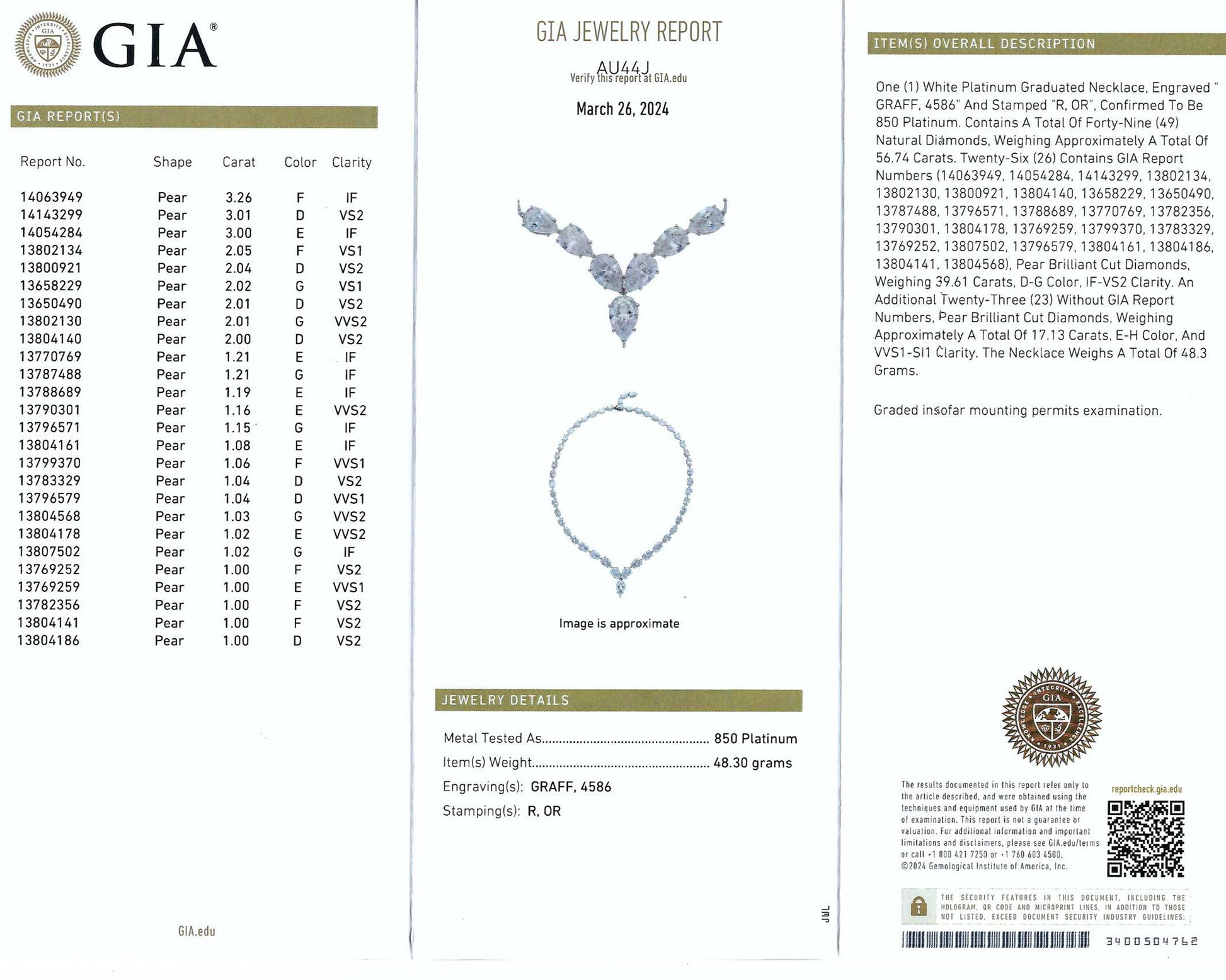 Signed Graff 59.16ct Pear Diamond Necklace in White Gold