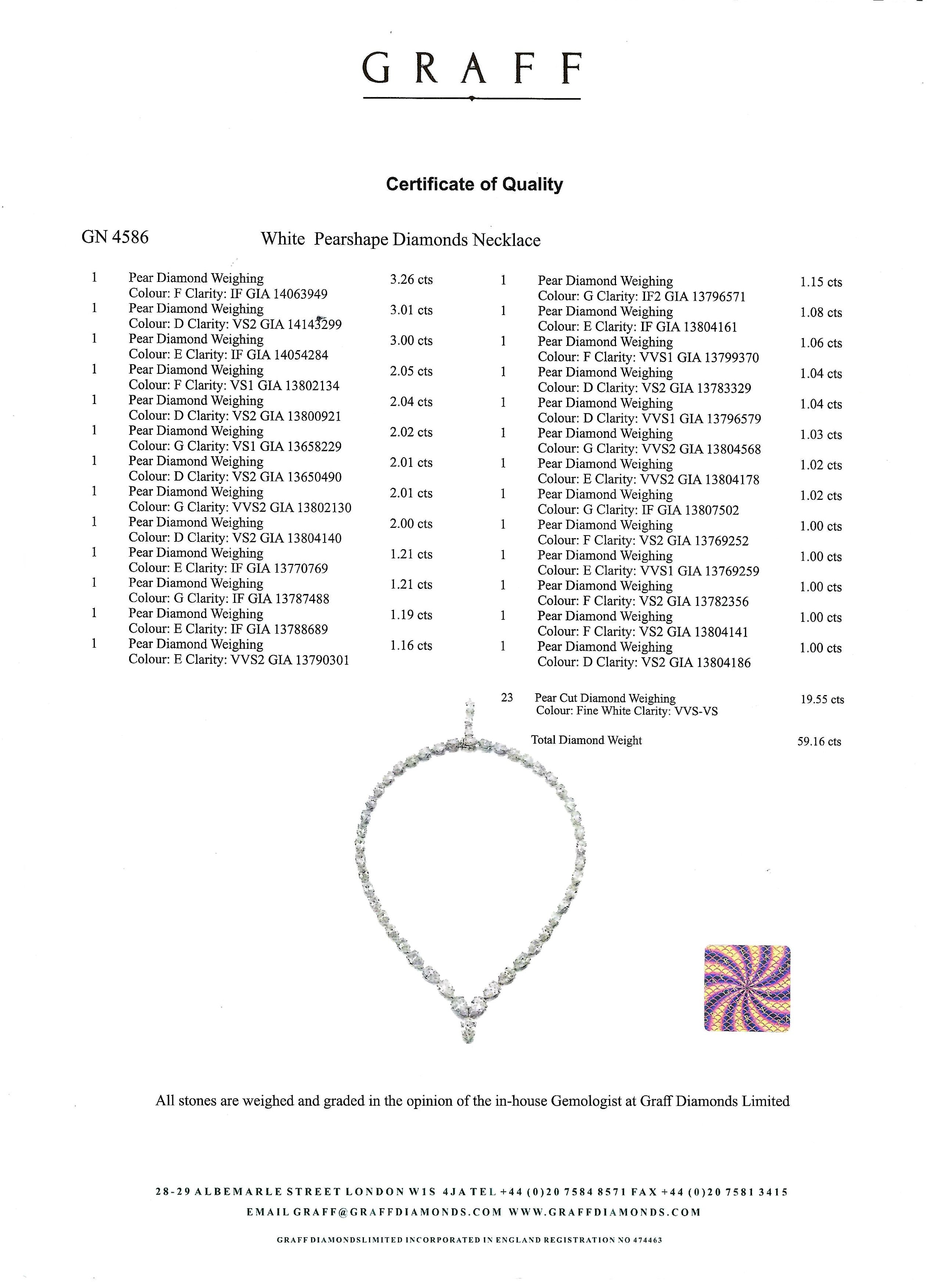 Signed Graff 59.16ct Pear Diamond Necklace in White Gold