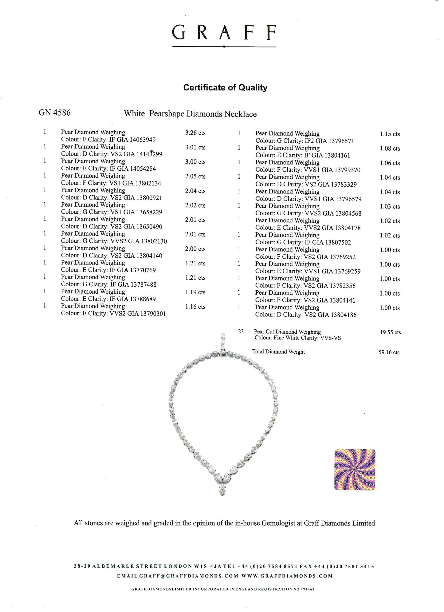 Signed Graff 59.16ct Pear Diamond Necklace in White Gold