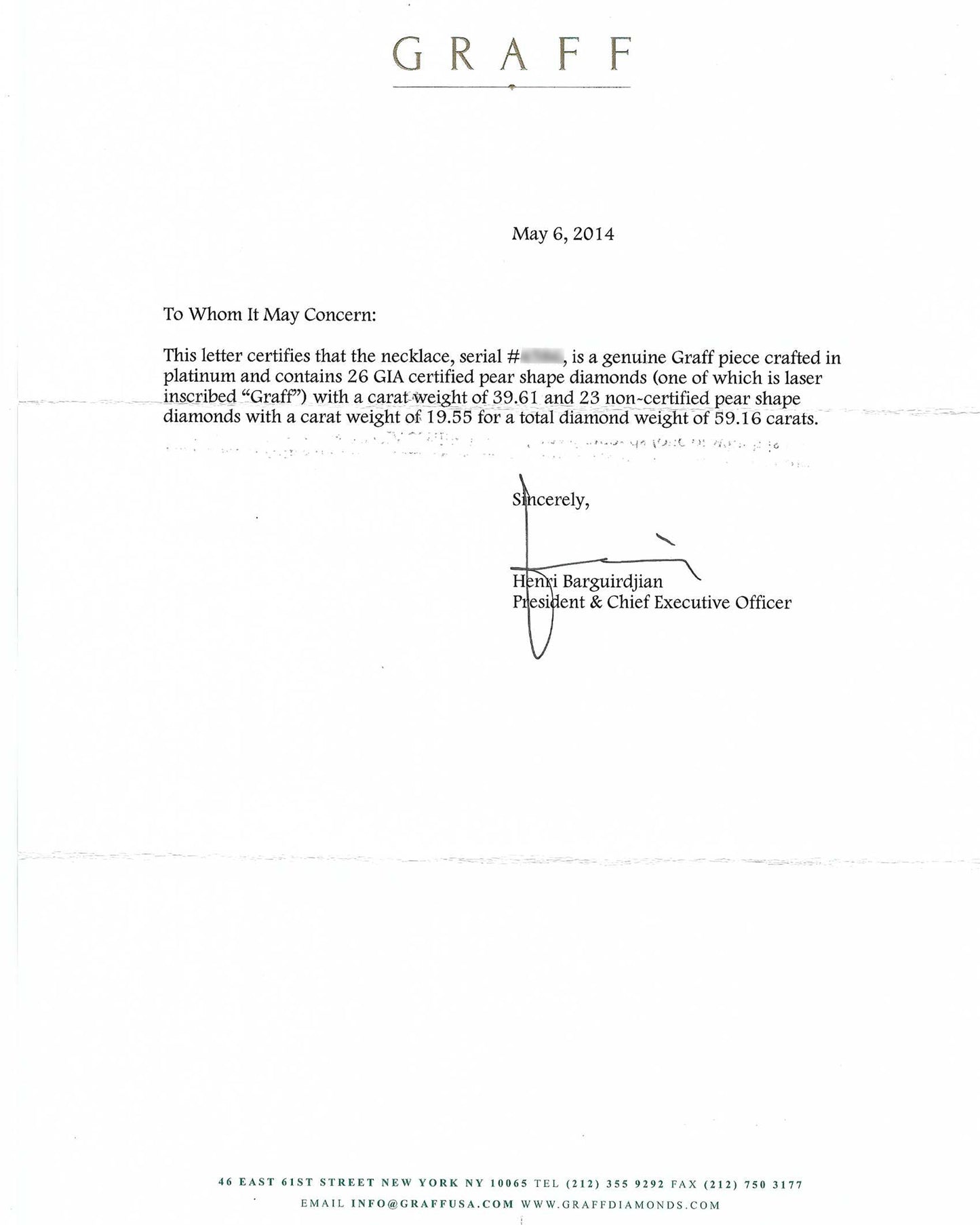 Signed Graff 59.16ct Pear Diamond Necklace in White Gold