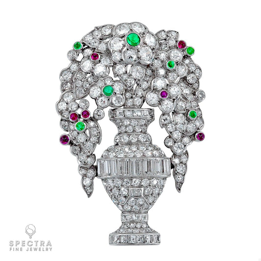 LaCloche Art Deco Diamond Emerald Ruby Flower Brooch