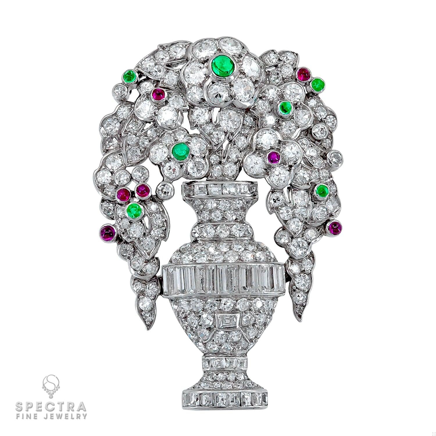 LaCloche Art Deco Diamond Emerald Ruby Flower Brooch