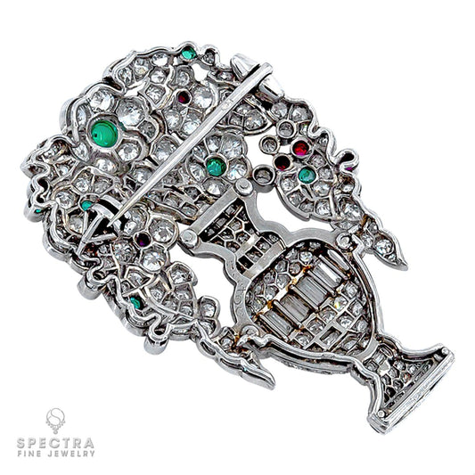 LaCloche Art Deco Diamond Emerald Ruby Flower Brooch