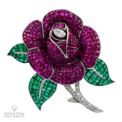 French Mystery-Set Ruby, Emerald & Diamond Flower Brooch