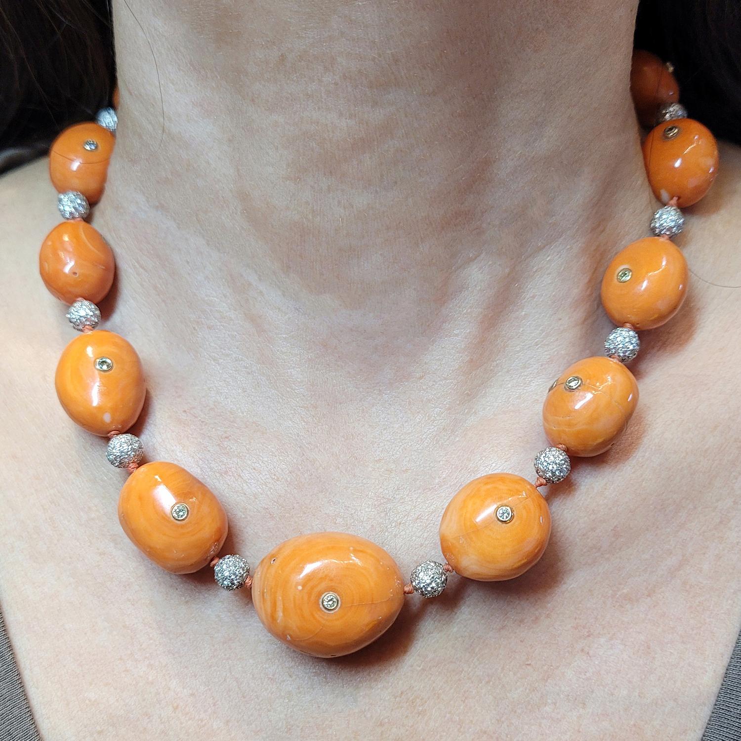 A Touch of Japan: Coral Beads and Diamond Balls Necklace