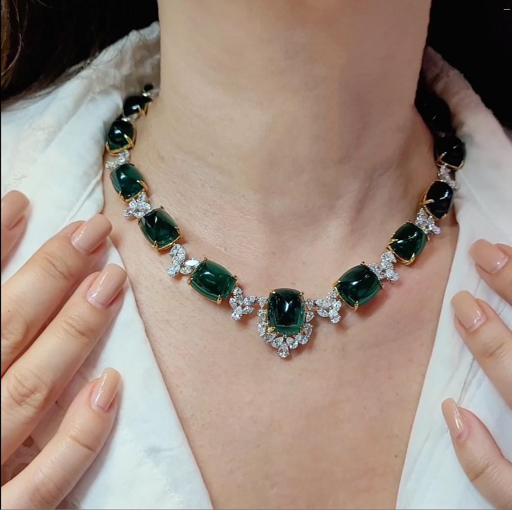 Spectra Fine Jewelry 141.04 cts. Colombian Emerald Diamond Necklace