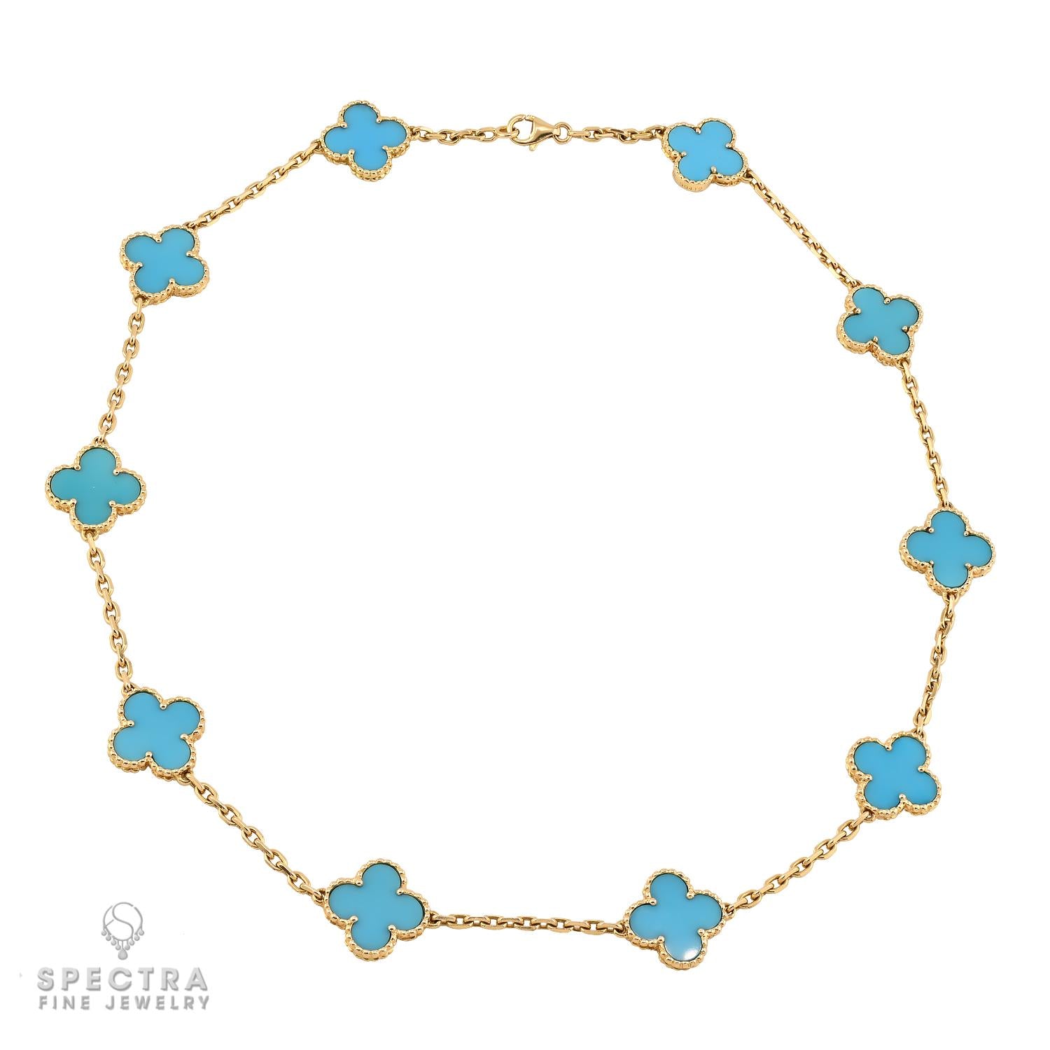 Van Cleef & Arpels 10-Motif Turquoise Alhambra Necklace in 18k Yellow Gold