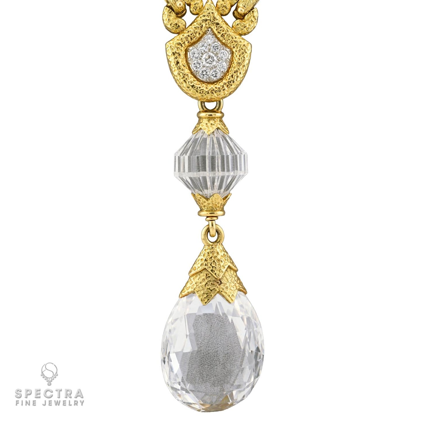 David Webb 18K Yellow Gold Rock Crystal & Diamond Pendant Necklace