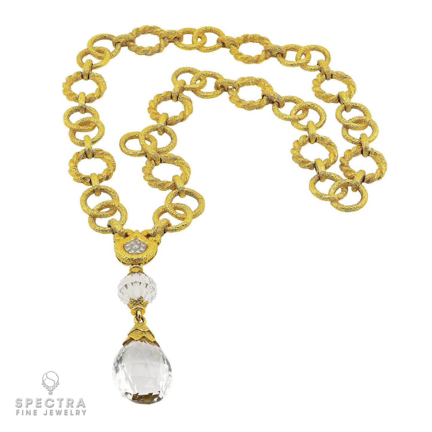 David Webb 18K Yellow Gold Rock Crystal & Diamond Pendant Necklace