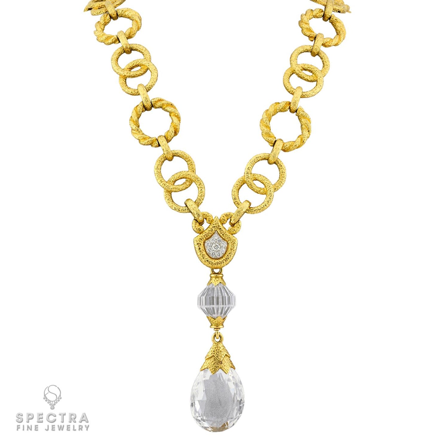 David Webb 18K Yellow Gold Rock Crystal & Diamond Pendant Necklace