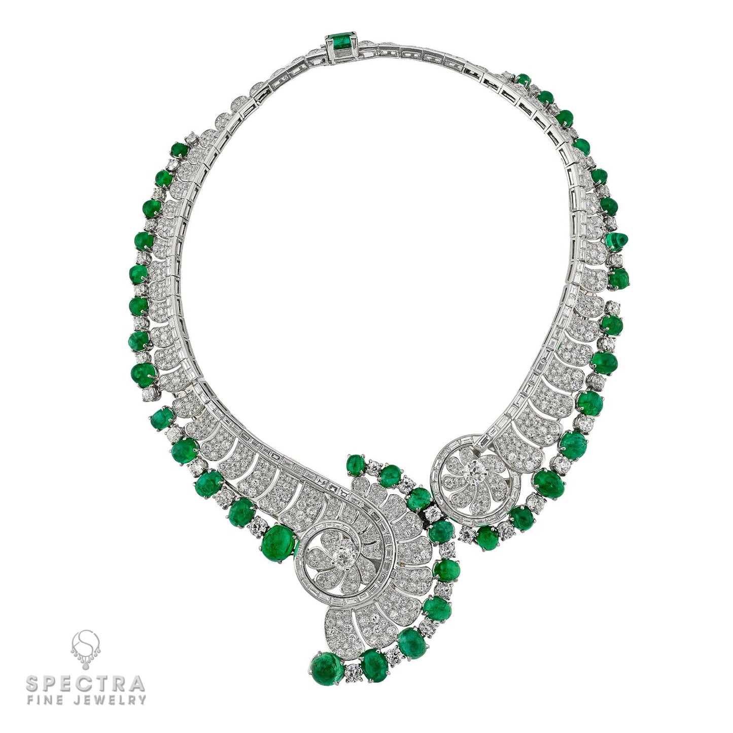 1950 French Emerald Cabochon Convertible Necklace | Diamonds