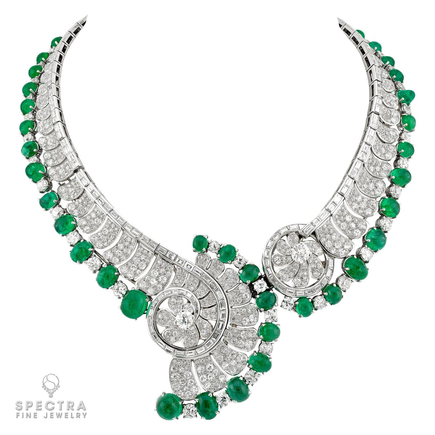 1950 French Emerald Cabochon Convertible Necklace | Diamonds
