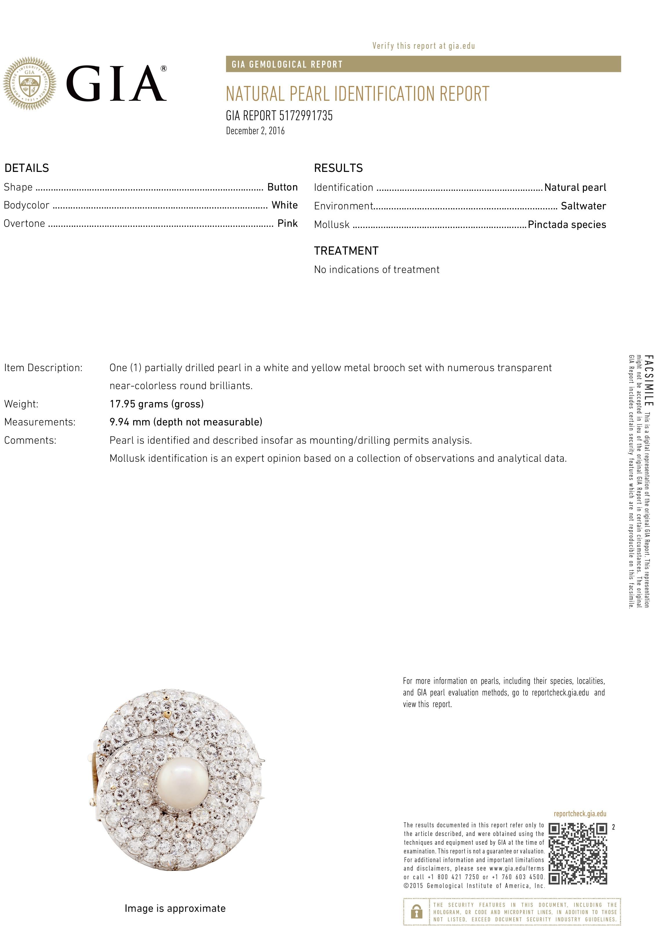 Natural Pearl Brooch/Pin: Saltwater Pearl, 14 ct. Diamond in Platinum