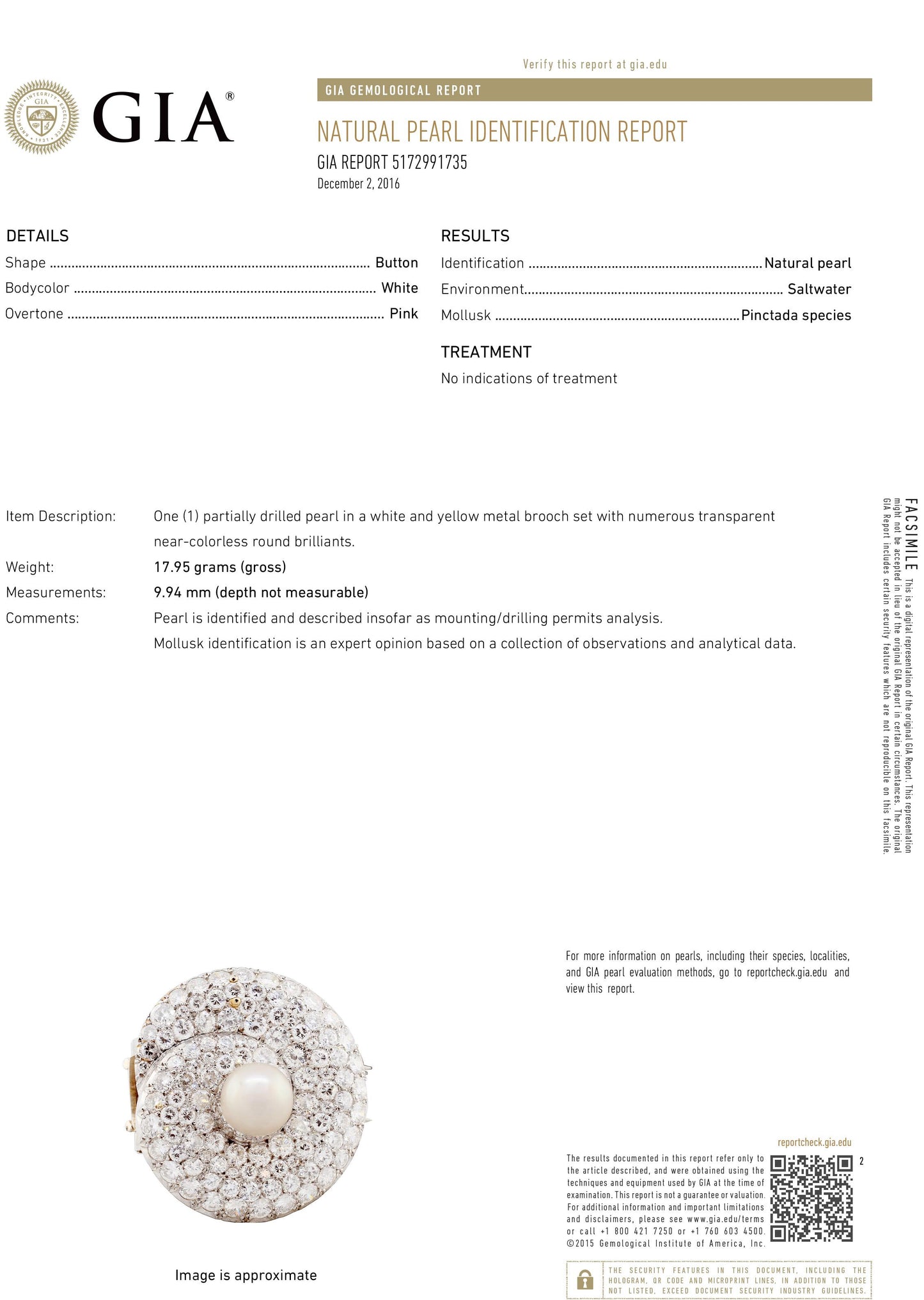 Natural Pearl Brooch/Pin: Saltwater Pearl, 14 ct. Diamond in Platinum