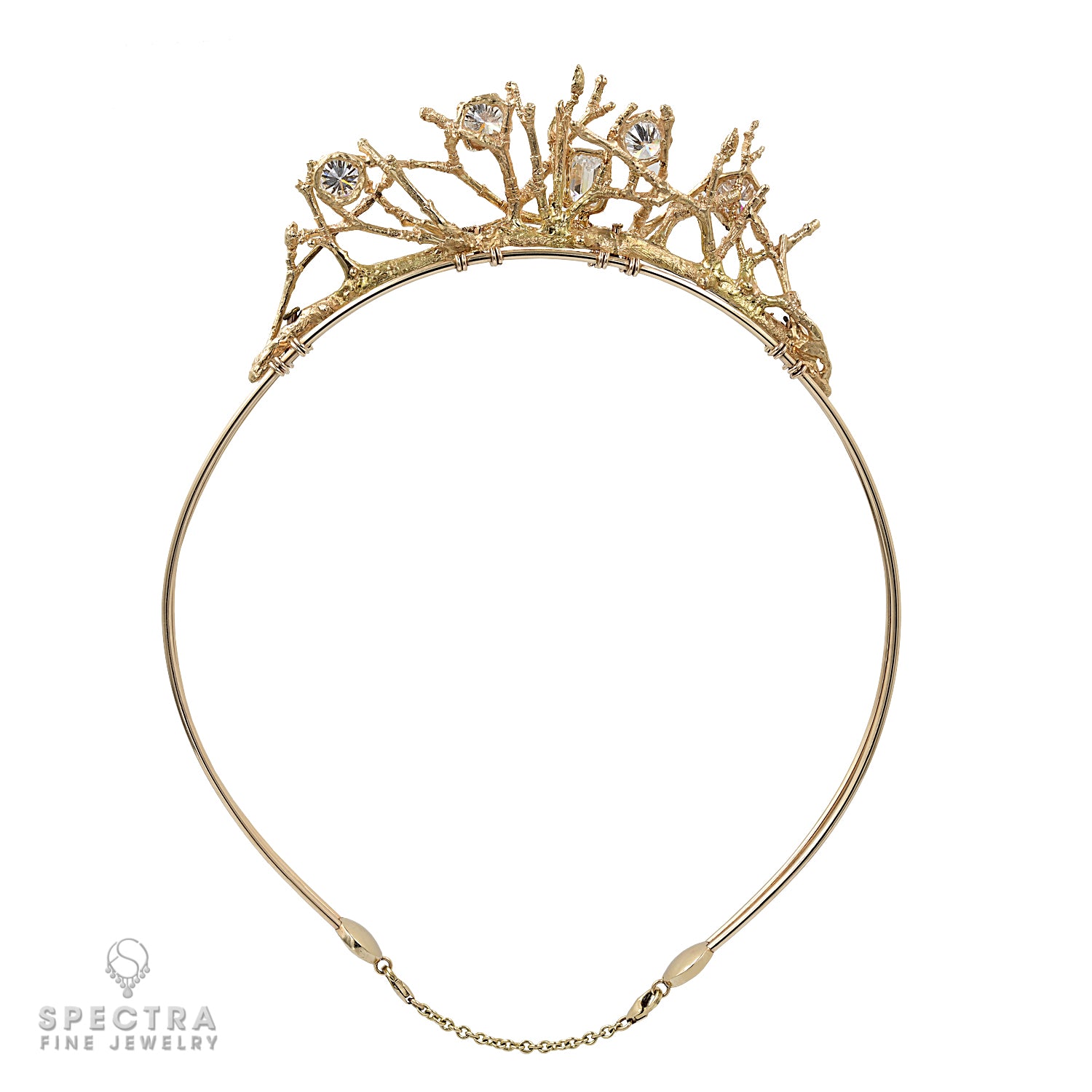 Gold Tiara with Emerald-Cut and Brilliant Diamonds | Twig Design Elegance - view 3