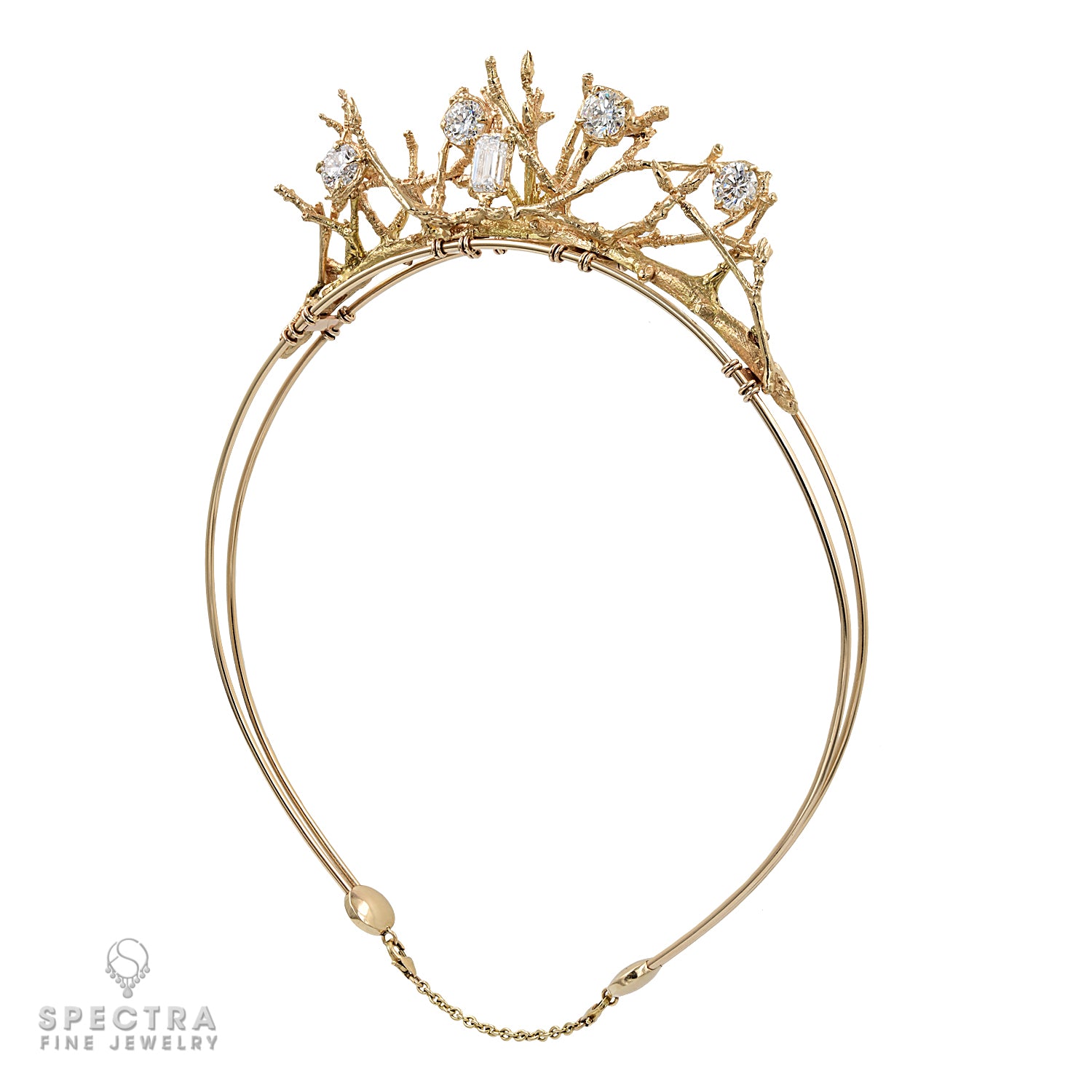 Gold Tiara with Emerald-Cut and Brilliant Diamonds | Twig Design Elegance - view 2