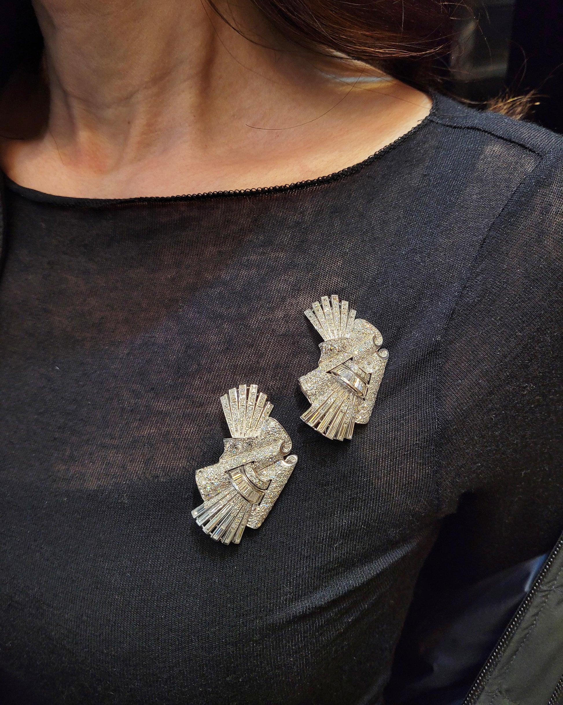 Retro Art Deco Diamond Double Clip Convertible Brooch