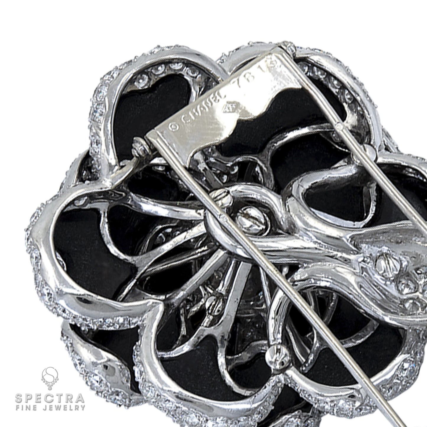 Chanel Vintage Diamond Onyx Flower Brooches Set Demi Parure Pair - view 6