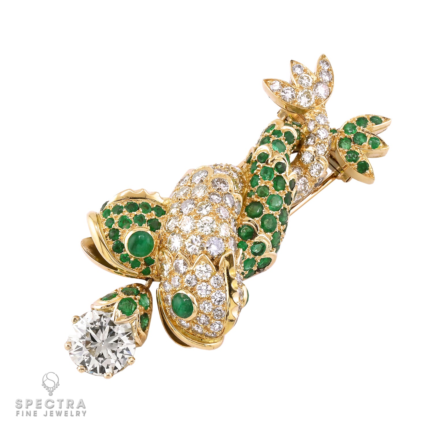 'Deux Dauphins' Diamond and Emerald Gold Brooch by Boivin - view 2