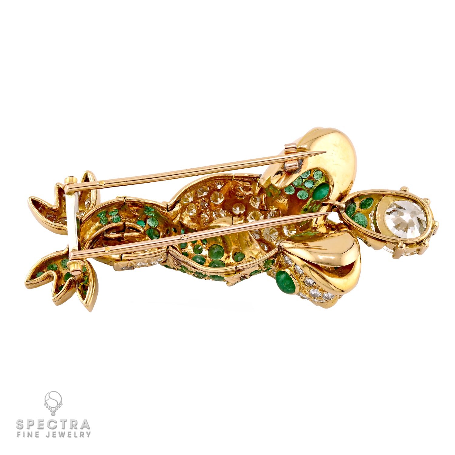 'Deux Dauphins' Diamond and Emerald Gold Brooch by Boivin - view 3