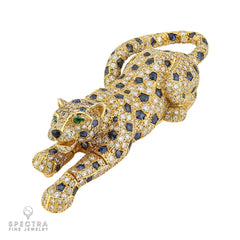 Cartier Sapphire, Emerald & Diamond Panthere Brooch | 18K Gold