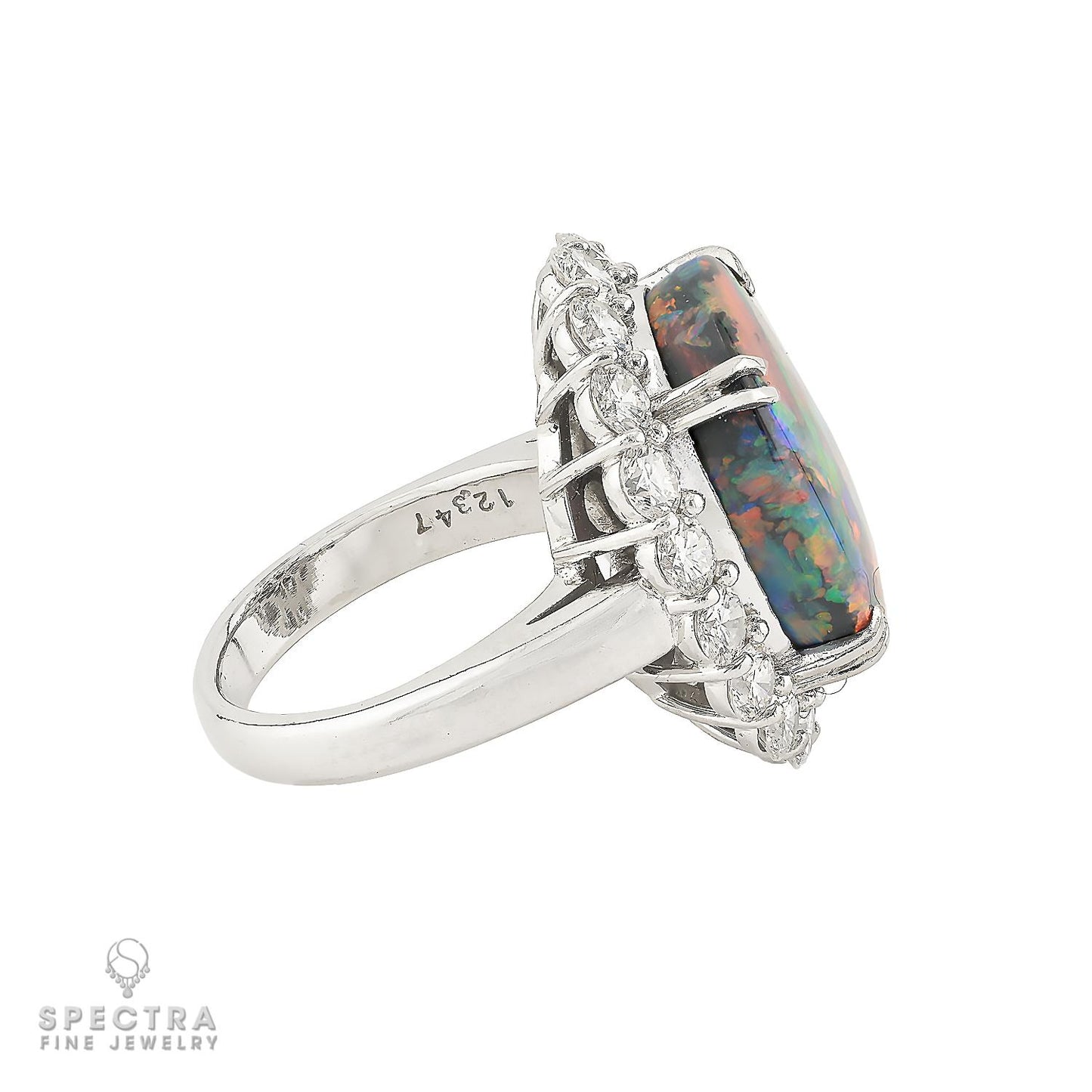 12.35ct Black Opal & 3.08ct Diamond Halo Ring in Platinum