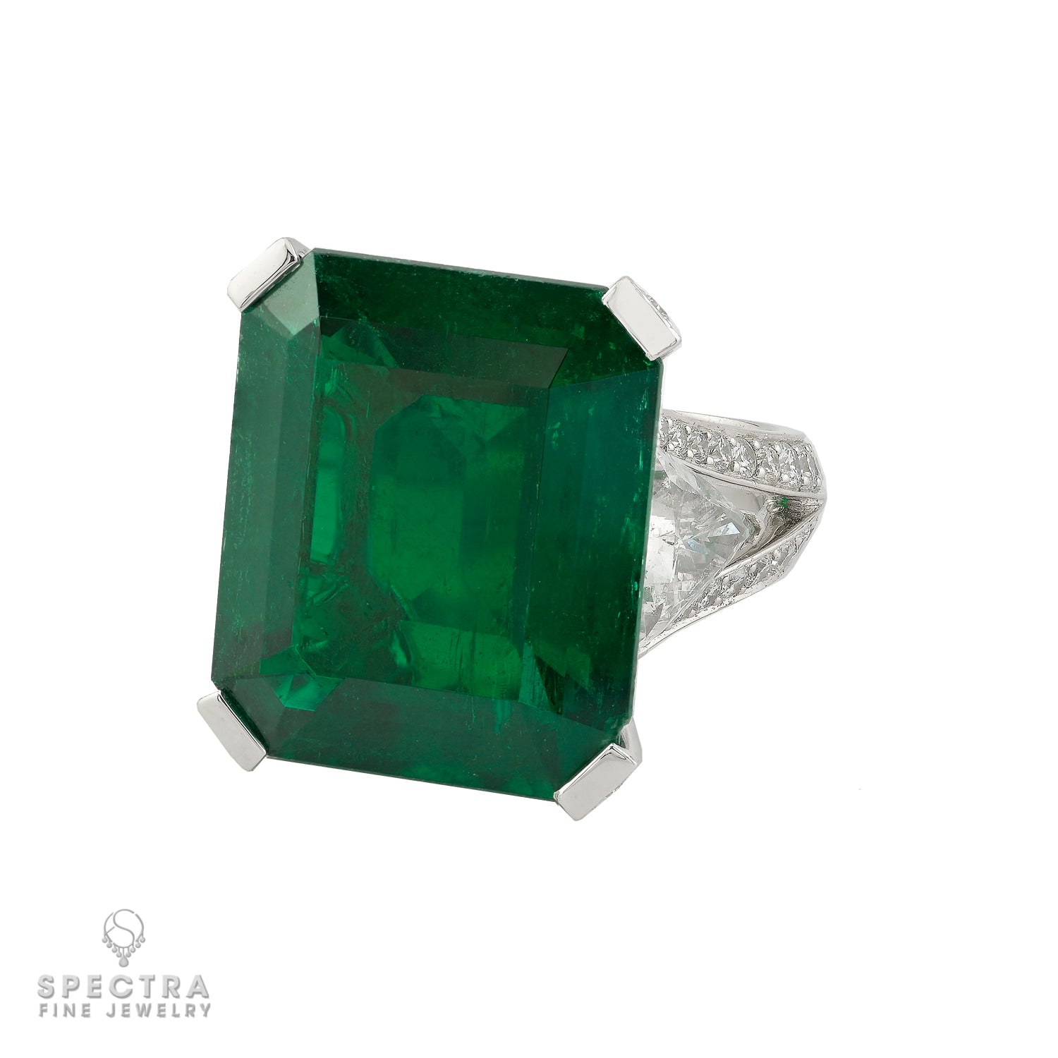 21.34 carat Colombian Emerald Trilliant Diamond Ring in Platinum | Signed Graff - view 2