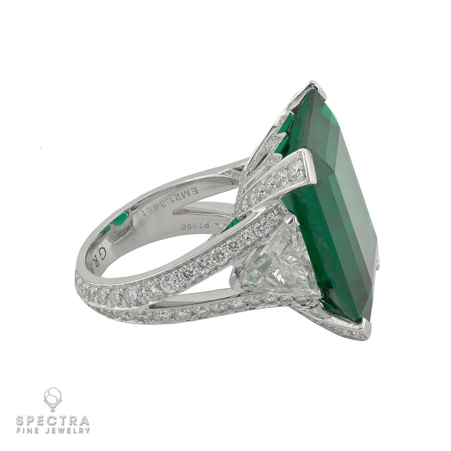 21.34 carat Colombian Emerald Trilliant Diamond Ring in Platinum | Signed Graff