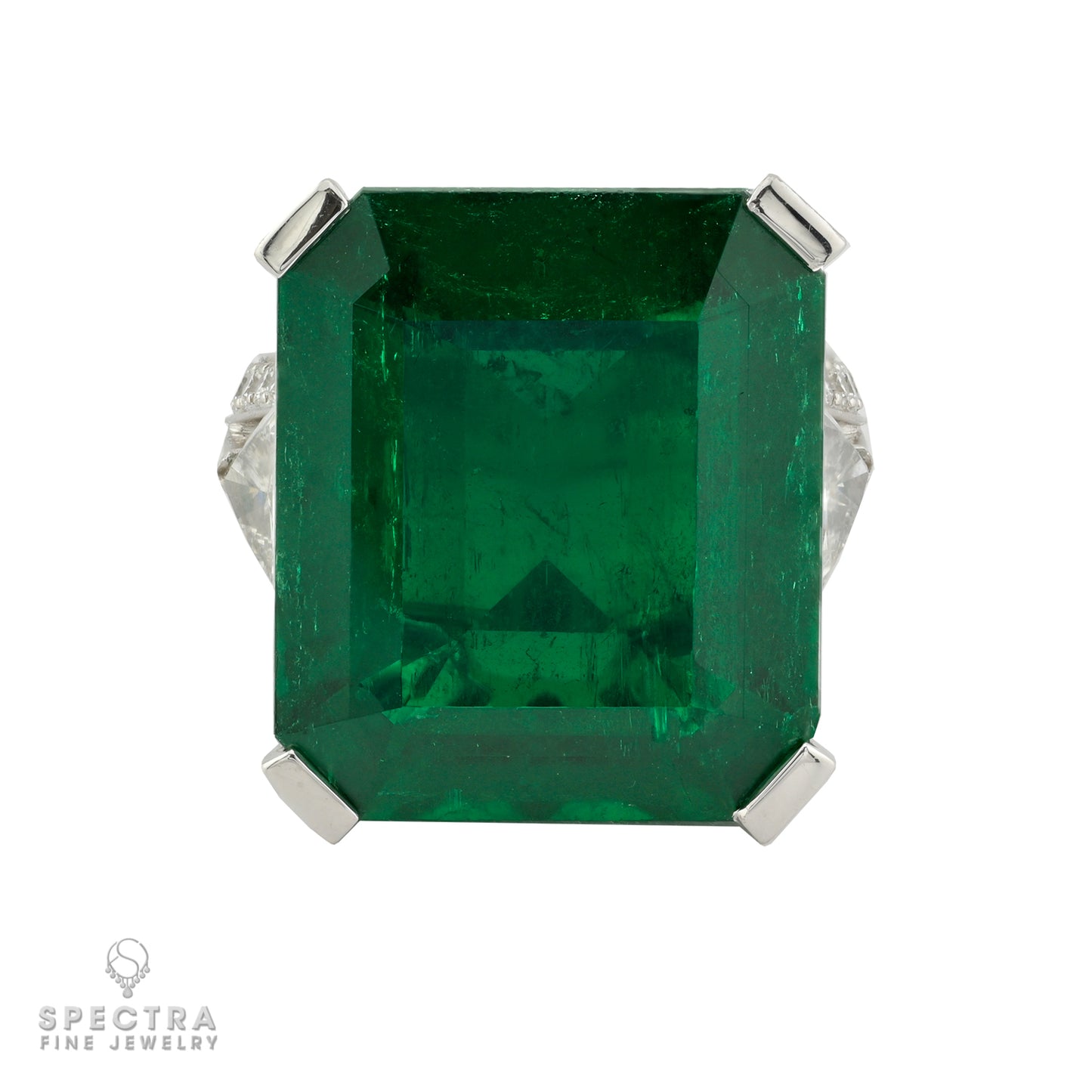 21.34 carat Colombian Emerald Trilliant Diamond Ring in Platinum | Signed Graff