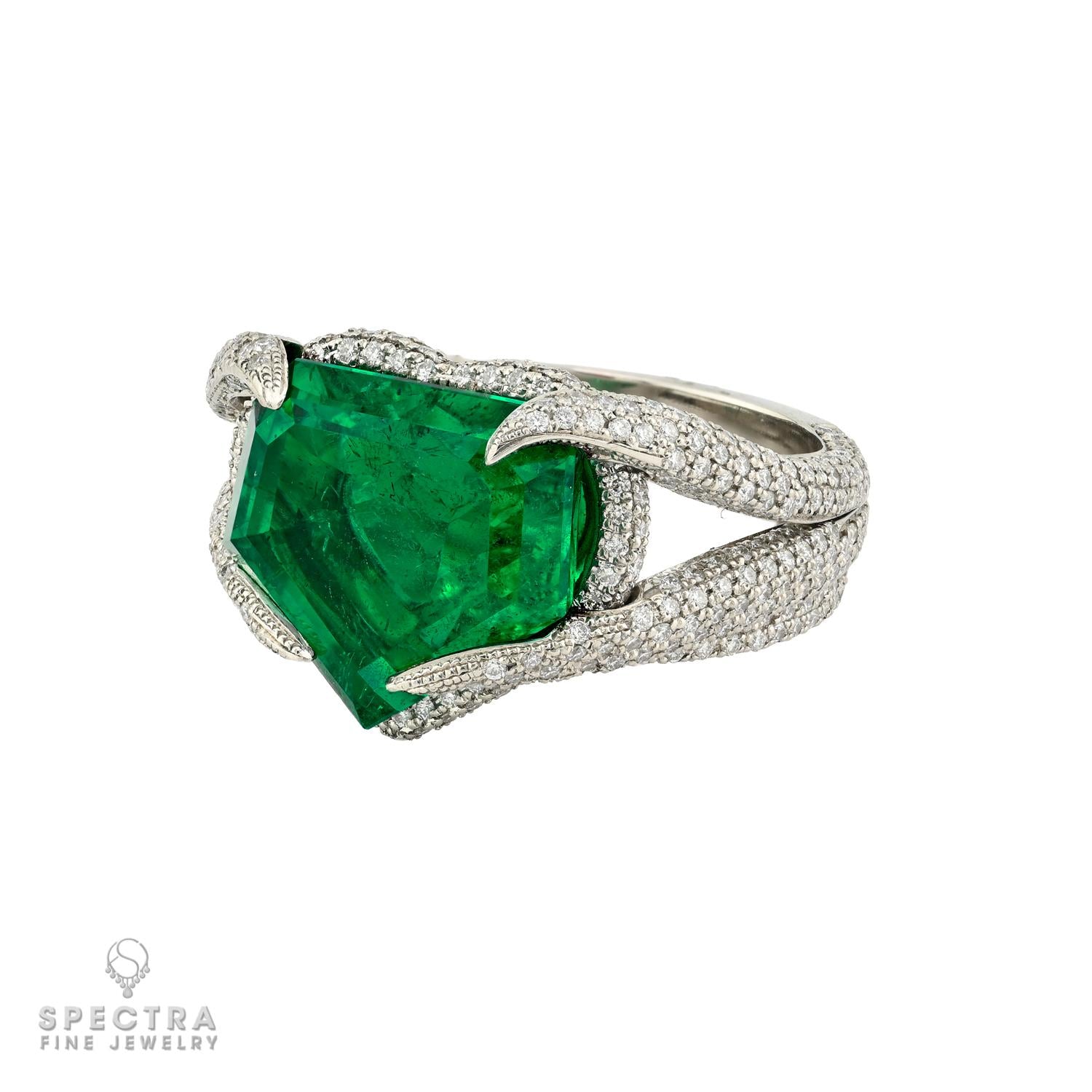 9.21ct Kite Shaped Colombian Emerald & Diamond Ring | SSEF Certified
