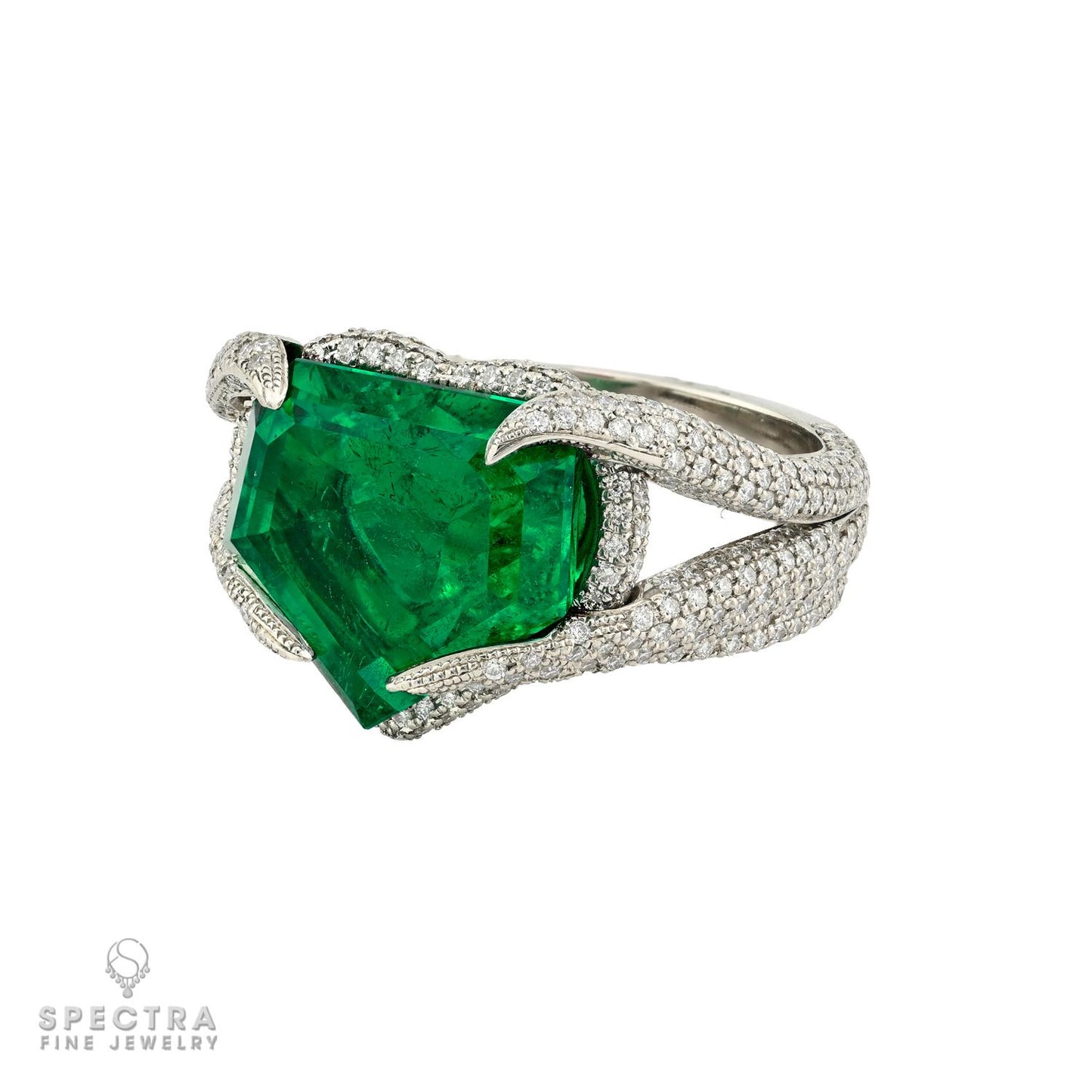 9.21ct Kite Shaped Colombian Emerald & Diamond Ring | SSEF Certified