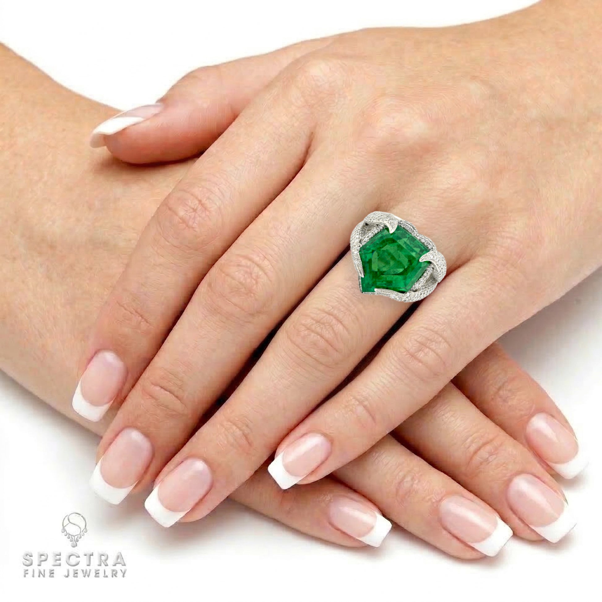 9.21ct Kite Shaped Colombian Emerald & Diamond Ring | SSEF Certified