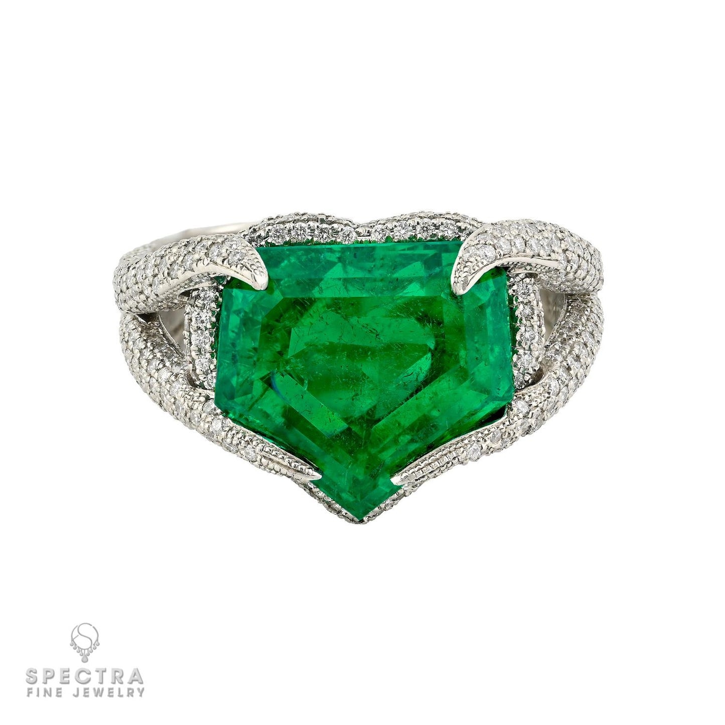 9.21ct Kite Shaped Colombian Emerald & Diamond Ring | SSEF Certified