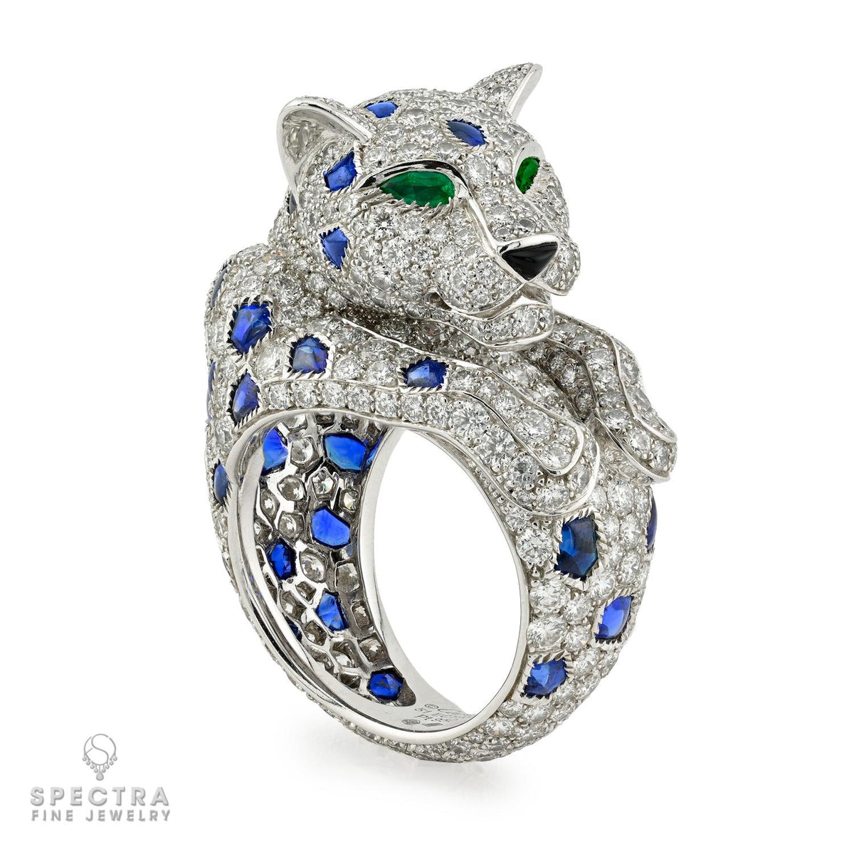 Cartier Assam Panthere Sapphire Emerald Diamond Platinum Ring