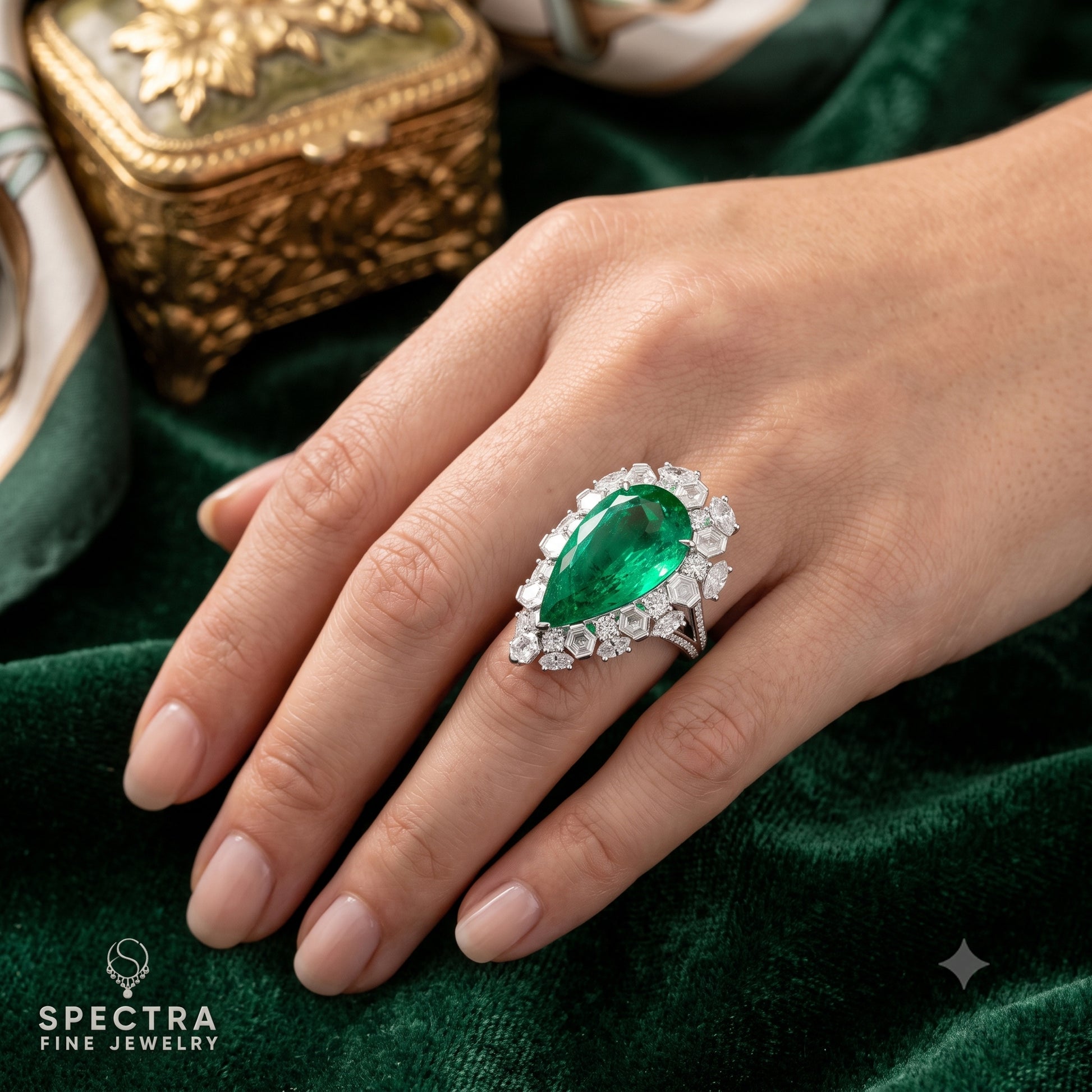 Spectra 14.44ct Pear-Shaped Colombian Emerald Statement Ring