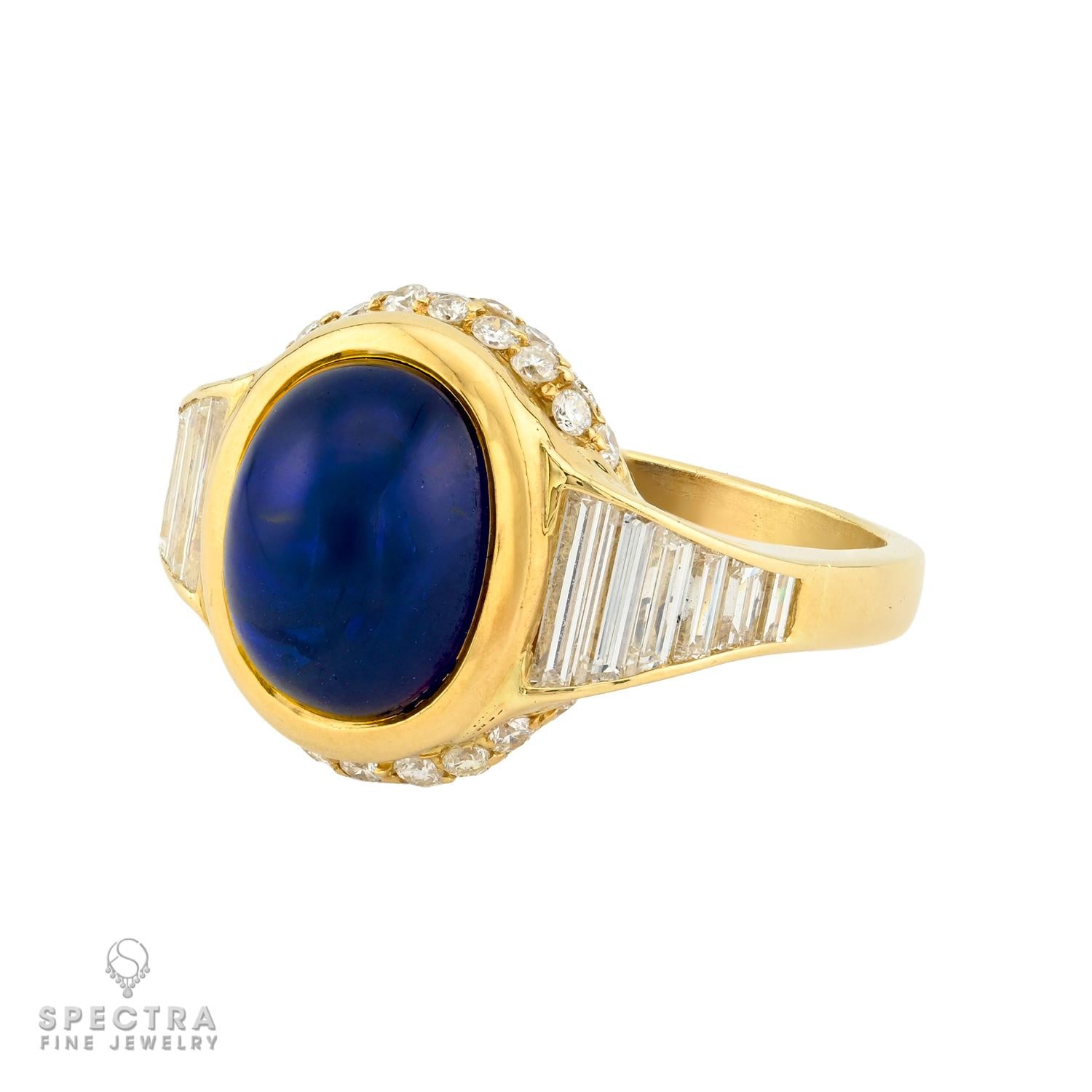 7.50ct Blue Sapphire Cabochon Diamond Ring in 18K Yellow Gold