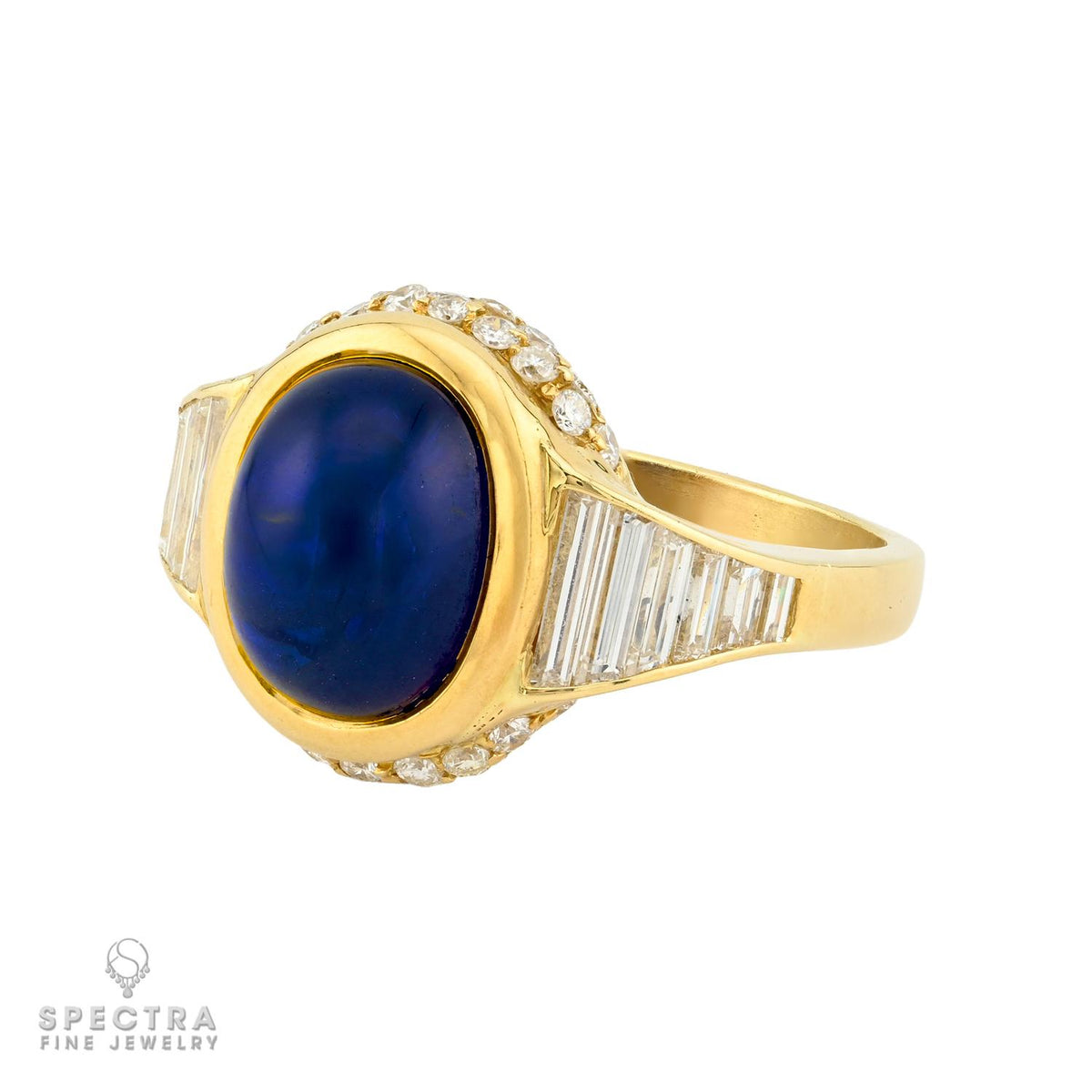 7.50ct Blue Sapphire Cabochon Diamond Ring in 18K Yellow Gold
