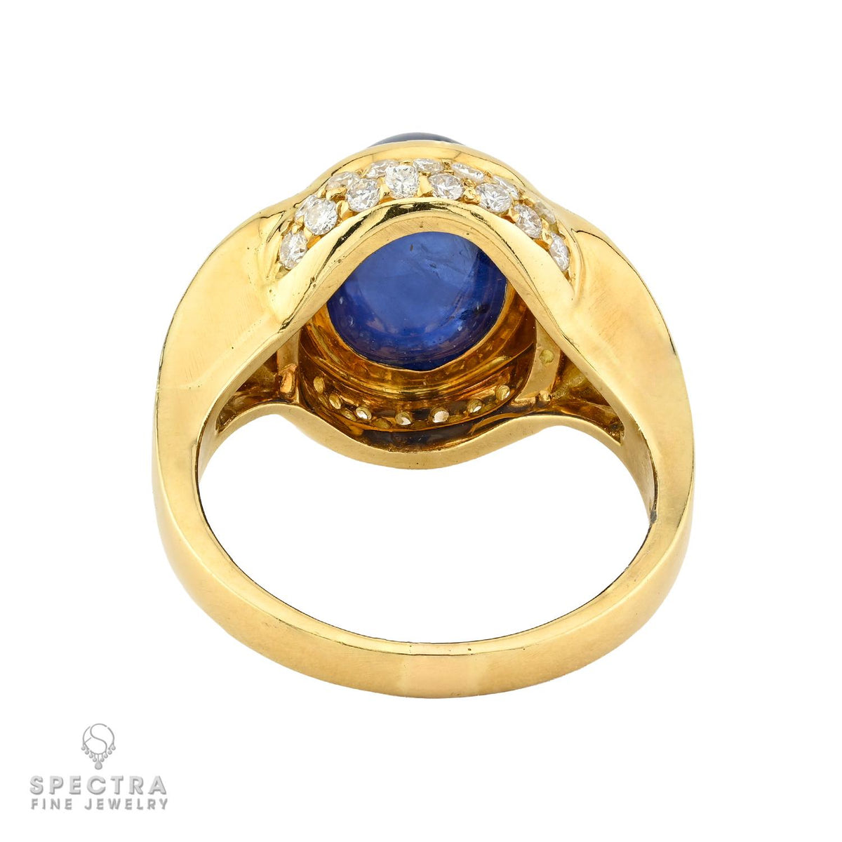 7.50ct Blue Sapphire Cabochon Diamond Ring in 18K Yellow Gold