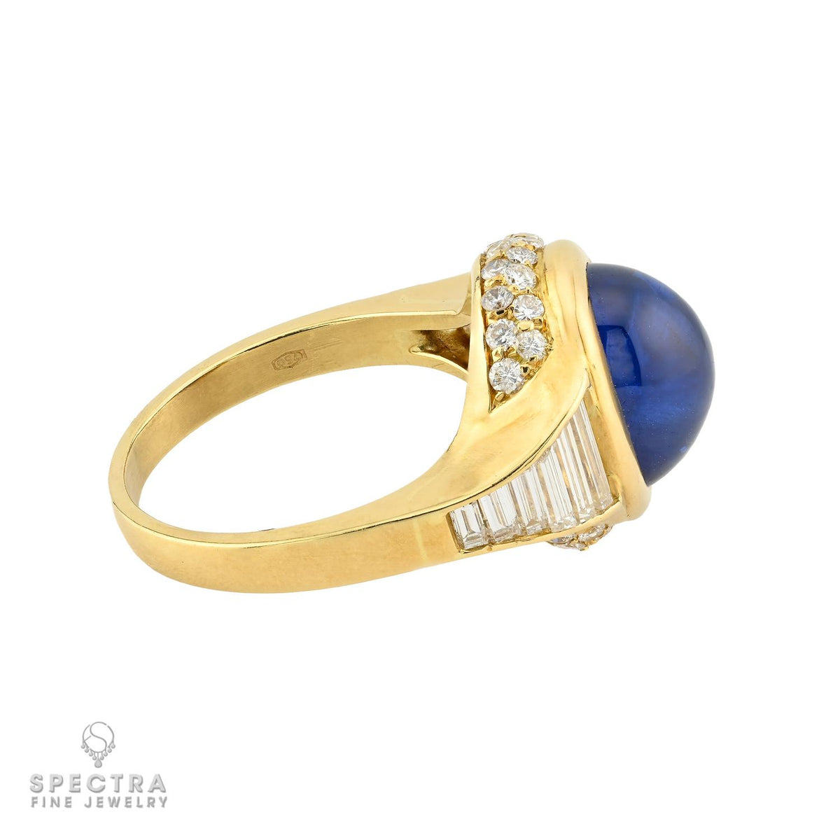 7.50ct Blue Sapphire Cabochon Diamond Ring in 18K Yellow Gold