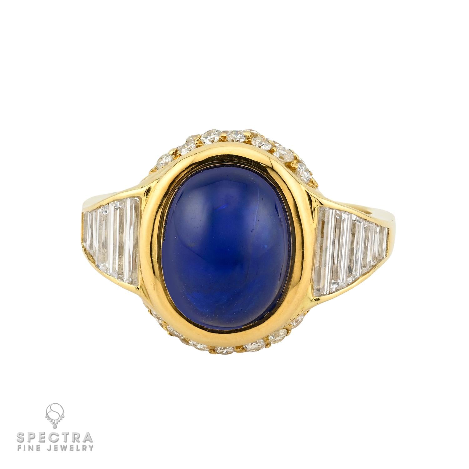 7.50ct Blue Sapphire Cabochon Diamond Ring in 18K Yellow Gold